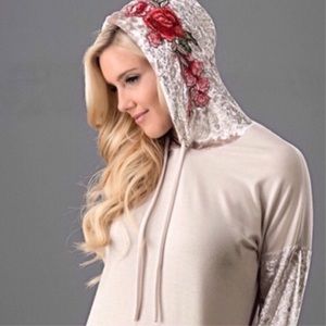 Tops - Rose Embroidered Velvet Sleeve Hoodie Tops - Rose Embroidered Velvet Sleeve Hoodie